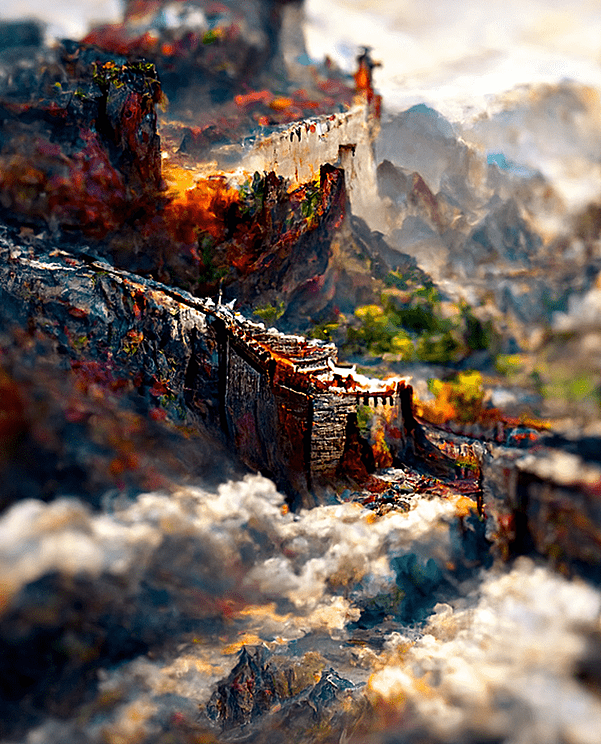 多彩的云中长城山水风景画