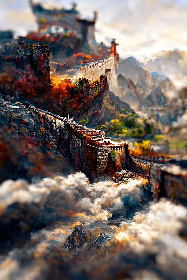 多彩的云中长城山水风景画