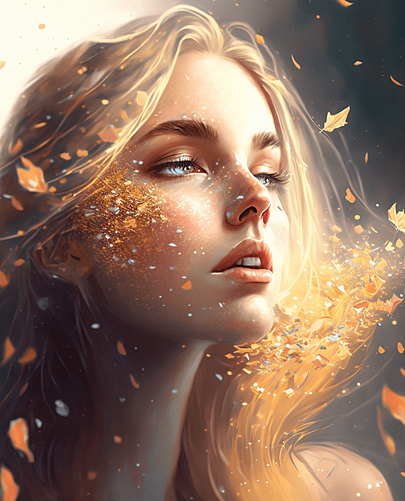 吹着金色五彩纸屑的漂亮女孩