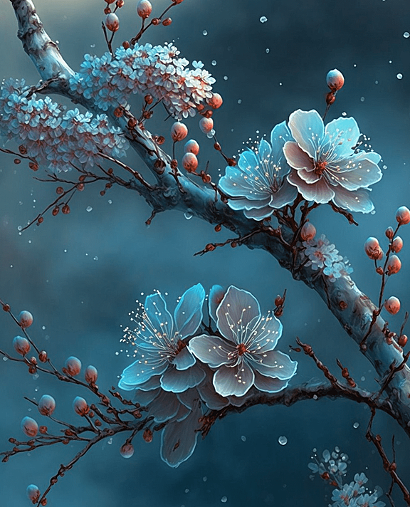 梦幻雪景下，淡蓝色的树枝梅花