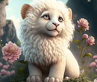 粉色花瓣风景,搭配可爱的白色小狮子