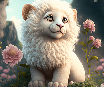 粉色花瓣风景,搭配可爱的白色小狮子