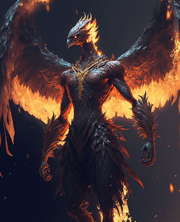 被火焰包围的人形凤凰,超高清8k内部发光