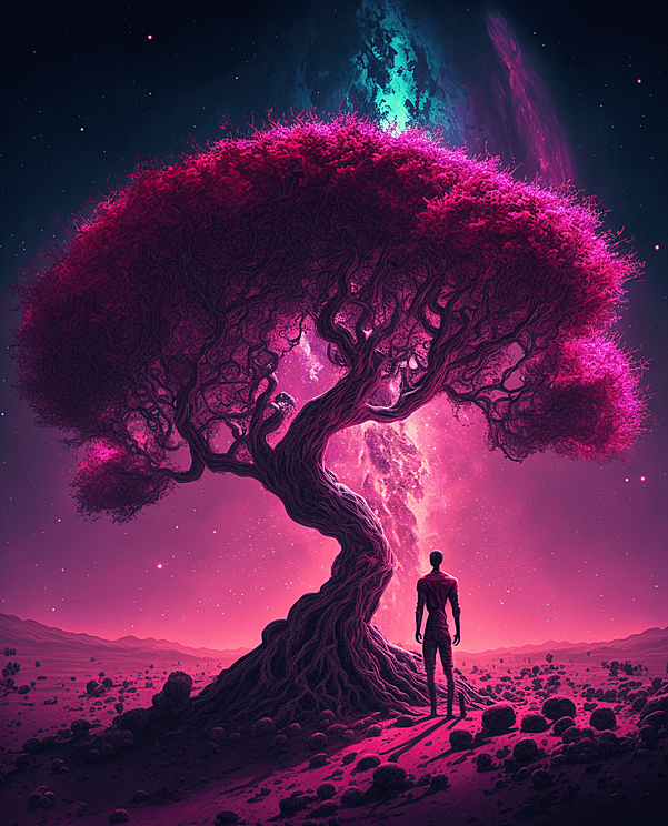 宇宙星辰的背景下的神圣古树