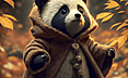 秋天里，在树林玩耍的可爱小熊猫