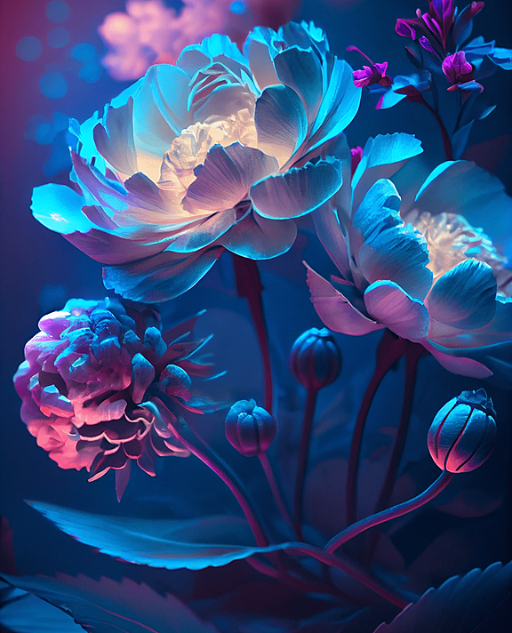 超细节 灯光下 唯美的淡蓝色 粉色牡丹花