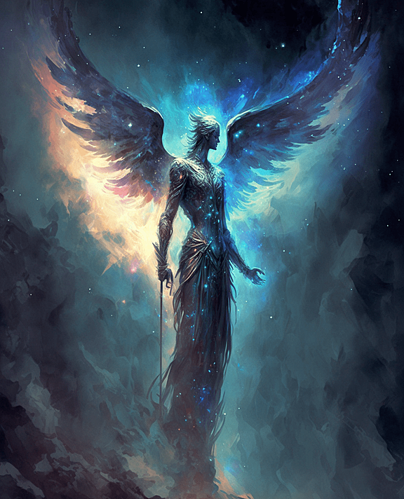 在宇宙星云中，一个朦胧的天使形象