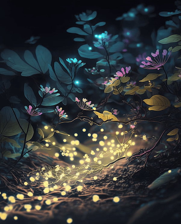 森林里，闪闪发光的萤火虫花草