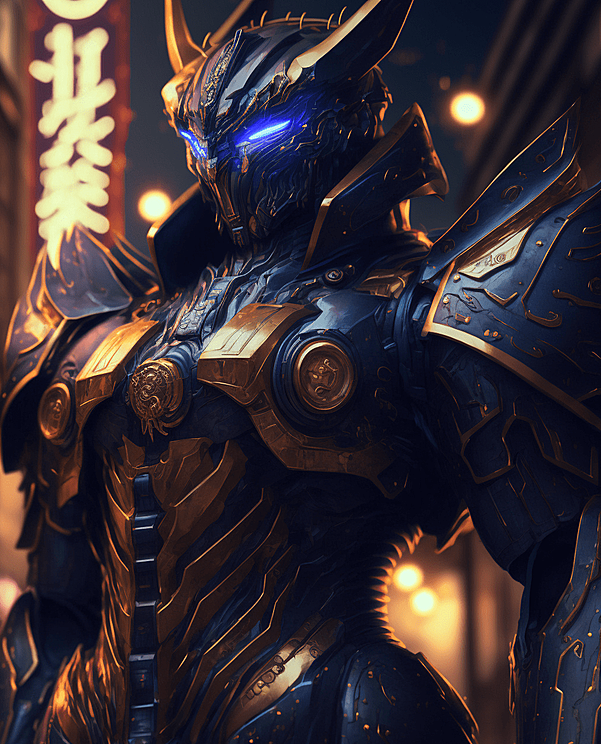 蓝色盔甲风格机甲，城市背景