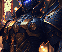 蓝色盔甲风格机甲,城市背景