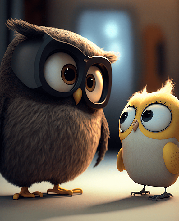 可爱的金丝雀和猫头鹰，皮克斯风格