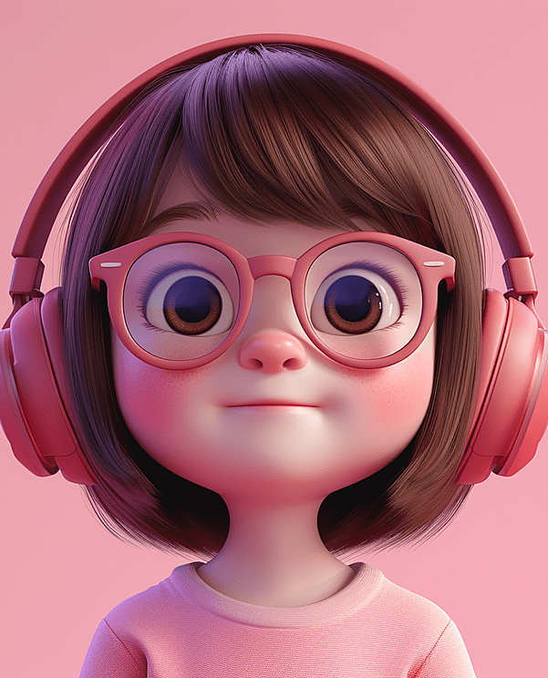 在粉嫩渐变的背景下，一位7岁小女孩的3D立体头像