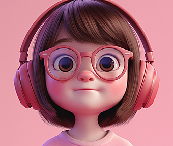在粉嫩渐变的背景下,一位7岁小女孩的3D立体头像