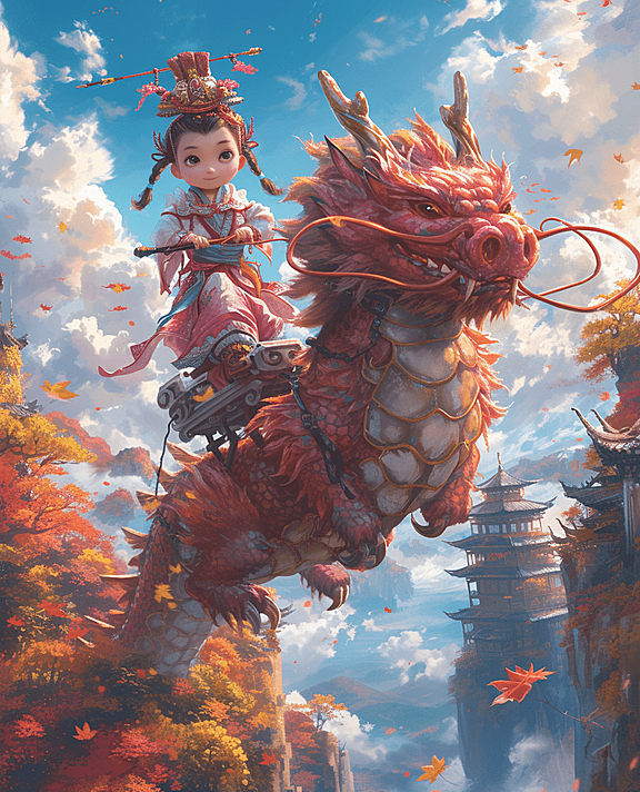 梦幻插画风格下，一位中国小男孩骑在巨大神兽上，形象栩栩如生