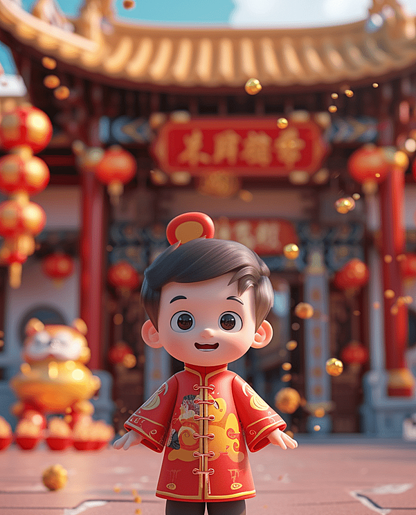 充满活力的春节庆典，3D卡通小学生