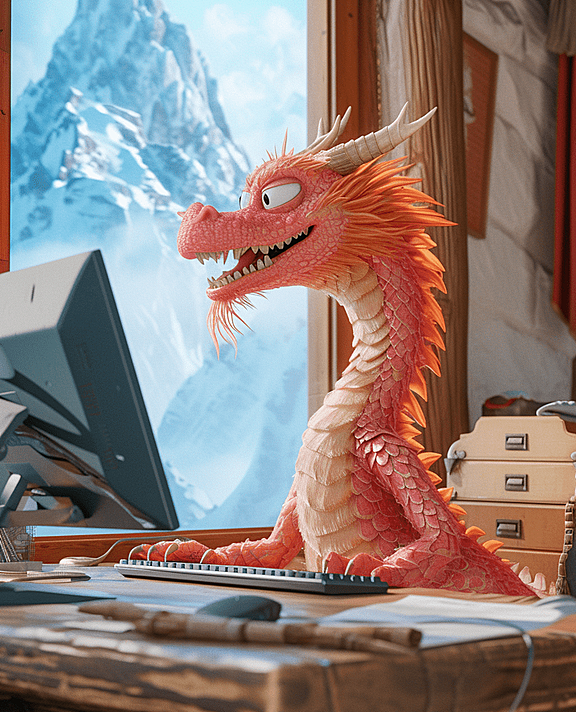 粉色系中国龙，在现代山顶木屋中的科技生活