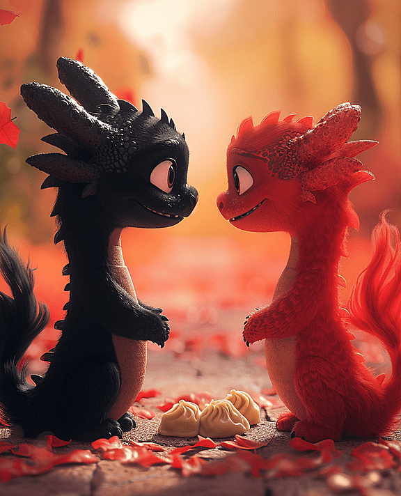 两只可爱的龙面对面,地上摆放着饺子,弥漫着中国新年的气氛