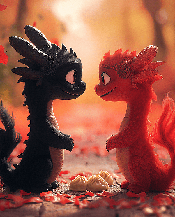 两只可爱的龙面对面,地上摆放着饺子,弥漫着中国新年的气氛