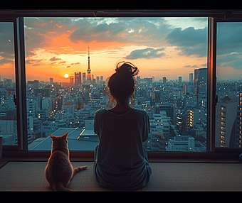 温暖冷调的工作室,一位女孩和她的猫咪享受着城市的喧嚣