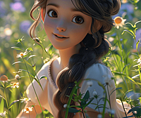 3D动画女孩，坐在花园里，充满了迪士尼风格的内容世界。