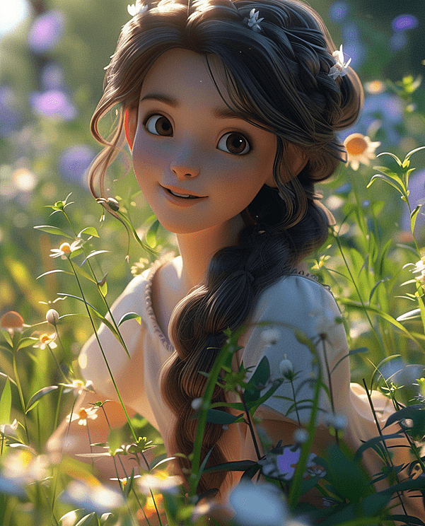 3D动画女孩,坐在花园里,充满了迪士尼风格的内容世界。