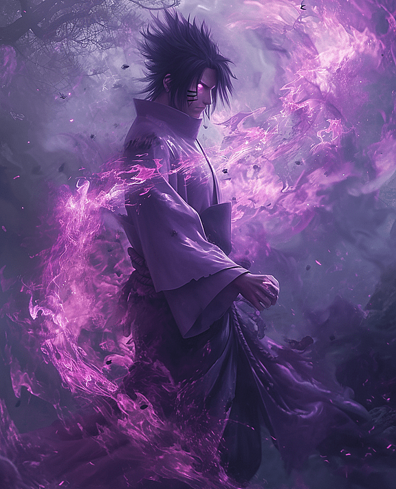 栩栩如生的宇智波佐助，雷电与火焰的交织场景