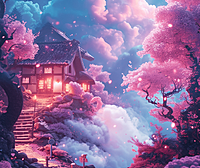 清晨的薄雾，繁星点点，云朵小屋，棉花糖般的插画质感