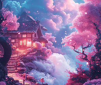 清晨的薄雾，繁星点点，云朵小屋，棉花糖般的插画质感