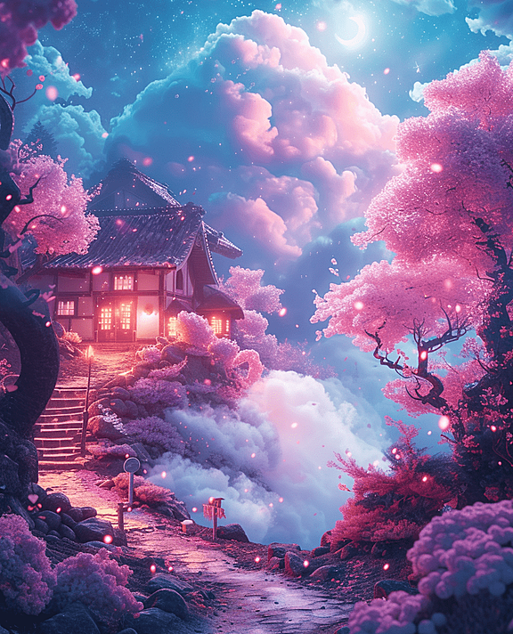 清晨的薄雾，繁星点点，云朵小屋，棉花糖般的插画质感