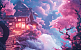 清晨的薄雾，繁星点点，云朵小屋，棉花糖般的插画质感