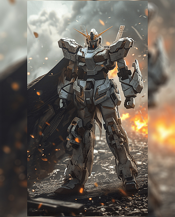 独角兽高达，屹立在战火纷飞的城市废墟中