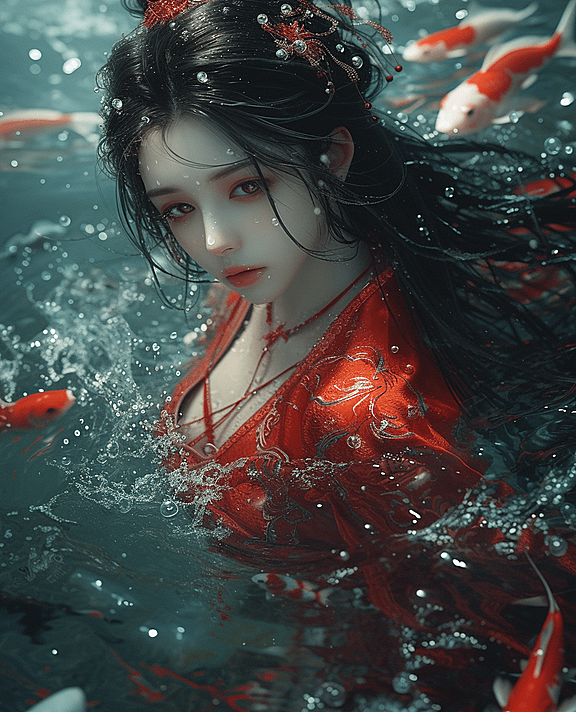 一位长发美女身着红色长裙，沉浸在碧蓝的海水之中