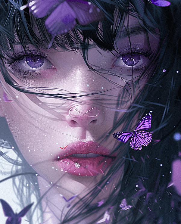中性风格的女孩，与蝴蝶重叠在一起，黑色头发带着紫色高光！