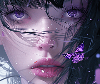中性风格的女孩,与蝴蝶重叠在一起,黑色头发带着紫色高光!