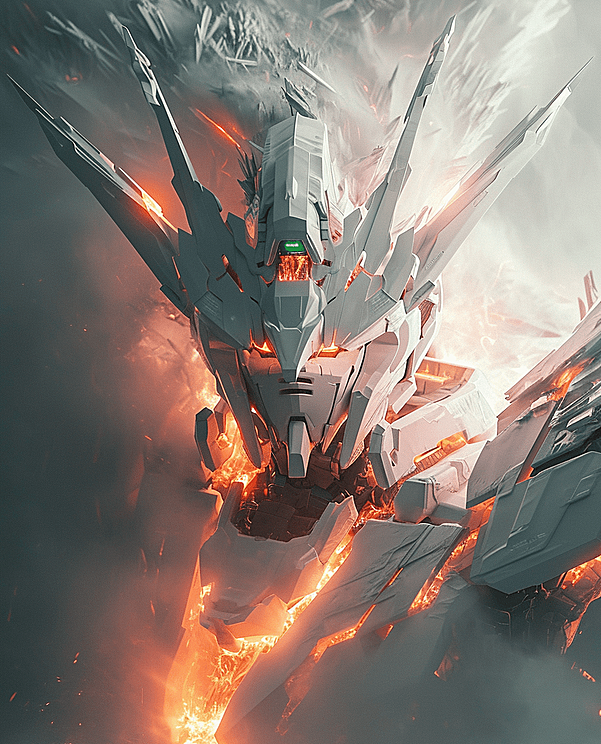 在一片梦幻般的场景中，一款造型白色高达，眼睛闪烁着光芒