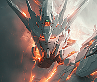 在一片梦幻般的场景中,一款造型白色高达,眼睛闪烁着光芒