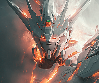 在一片梦幻般的场景中,一款造型白色高达,眼睛闪烁着光芒