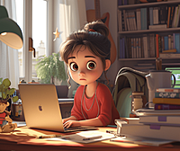 一位年轻女孩，以迪士尼风格动画形象，认真的工作