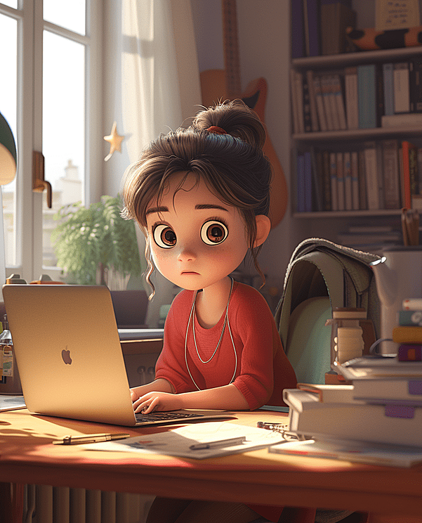一位年轻女孩，以迪士尼风格动画形象，认真的工作