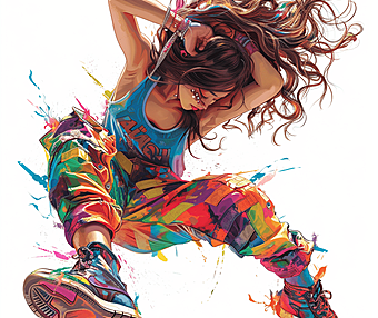 以生动的方式描绘一位年轻女孩，穿着鲜艳的服装和鞋子，正在进行一种自由舞蹈动作