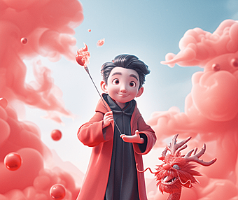 男孩挥舞着魔法,身旁站着一条东方龙,画面明亮而愉快