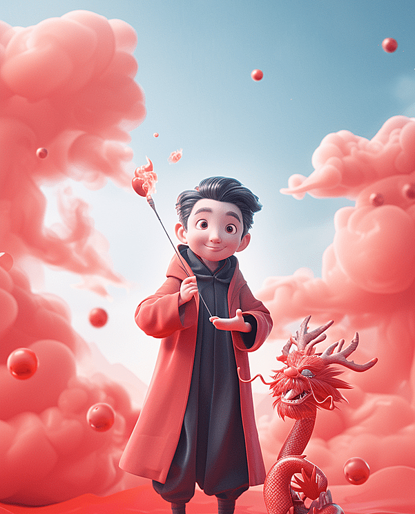 男孩挥舞着魔法,身旁站着一条东方龙,画面明亮而愉快