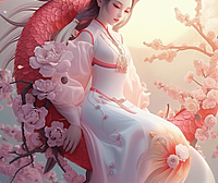 一位美丽的东方女孩坐在桃花枝上,身穿华丽的东方服装,画面柔和