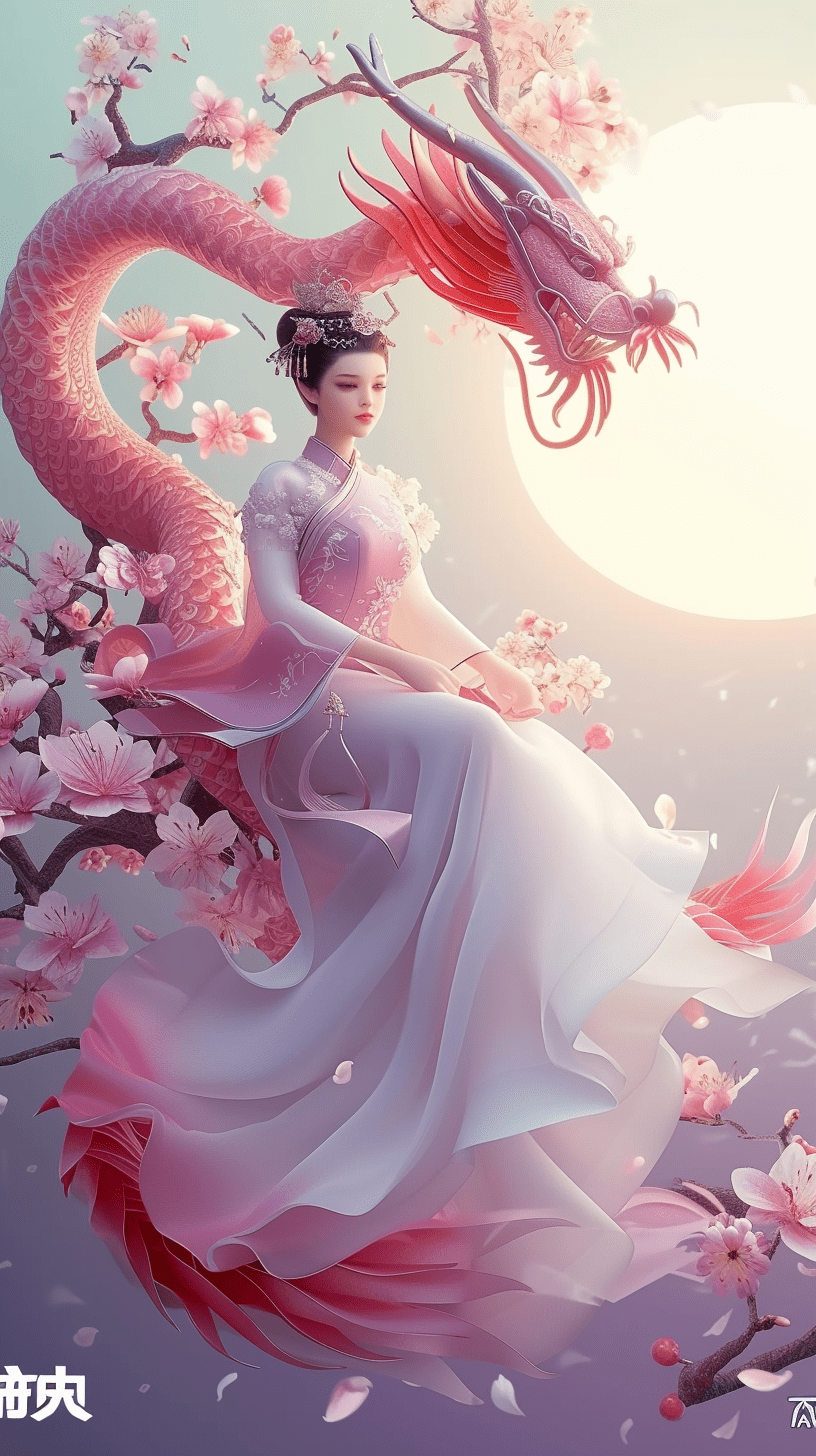 一位美丽的东方女孩坐在桃花枝上,身穿华丽的东方服装,画面柔和