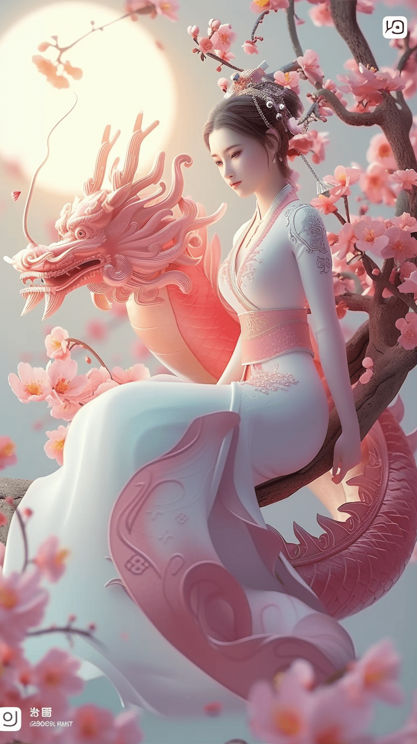 一位美丽的东方女孩坐在桃花枝上,身穿华丽的东方服装,画面柔和