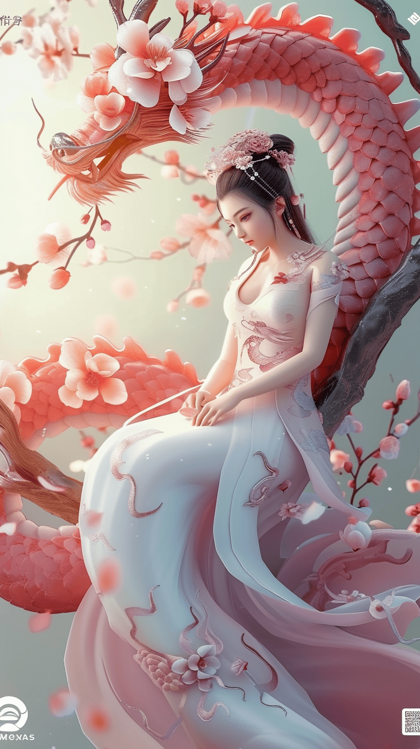 一位美丽的东方女孩坐在桃花枝上,身穿华丽的东方服装,画面柔和