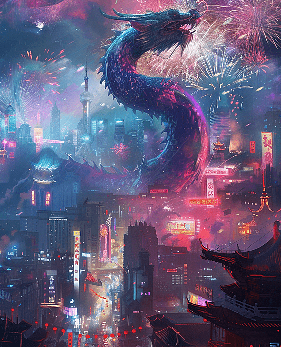 一条中国龙在现代中国城市上空飞翔,俯瞰着人们庆祝春节的场景。