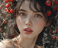 以草莓为背景的美人,仿韩国艺术家朴理卢ai绘画作品