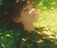 一位女孩在草丛中休息，阳光明媚，棕色的头发柔顺地垂落。