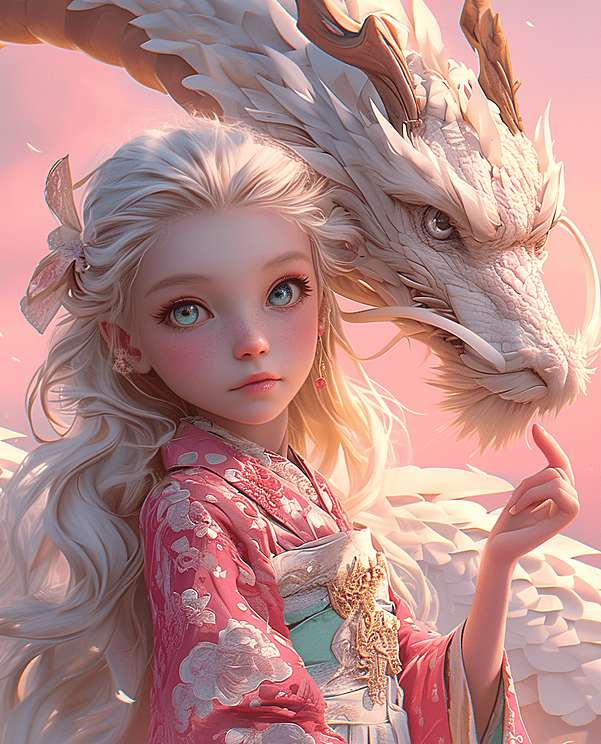 迪士尼动画的风格女孩，拥有飘逸的长发，与一条精细刻画的中国龙，在光影下栩栩如生